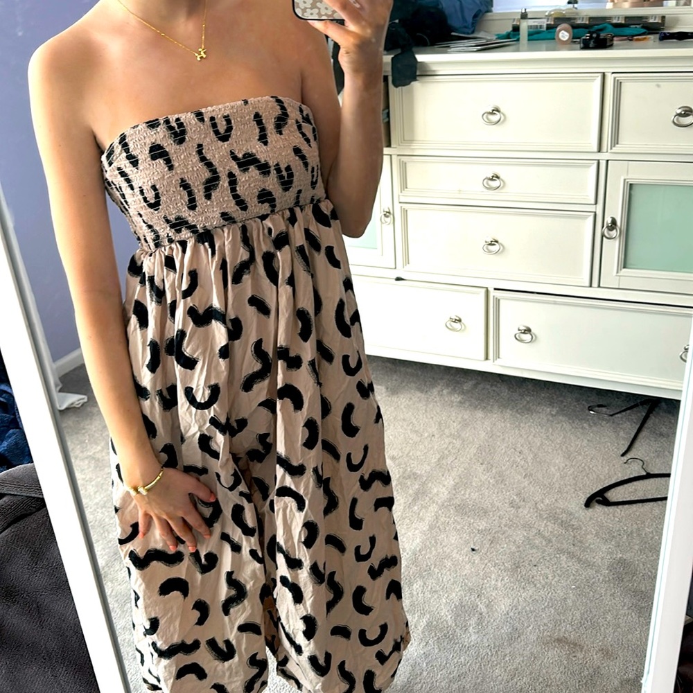 Tan Black Pattern Abstract Strapless Spring Dress - image 1
